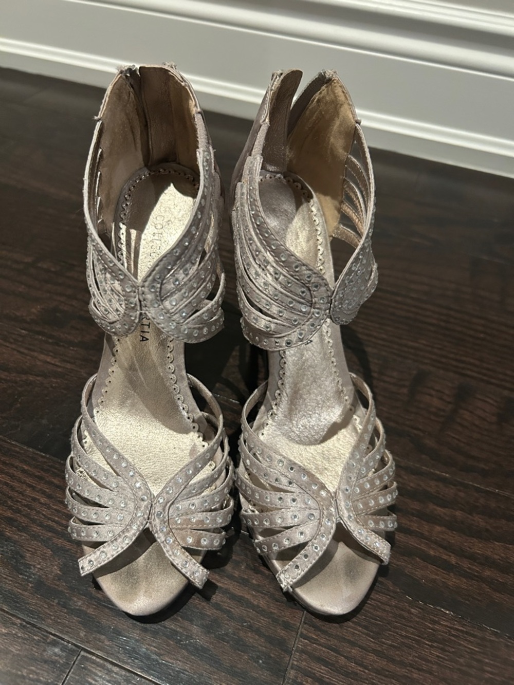 Gorgeous 4” Taupe Rhinestone Strappy Heels SIZE 7